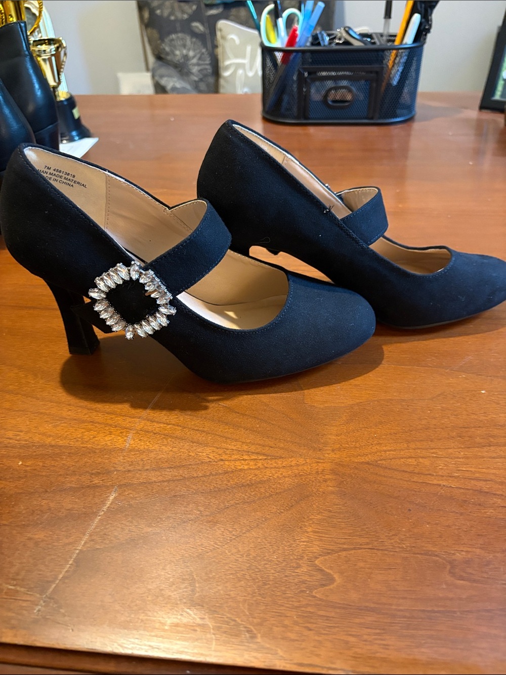 Women's Black Mary Jane Heels with Rhinestone Buckle